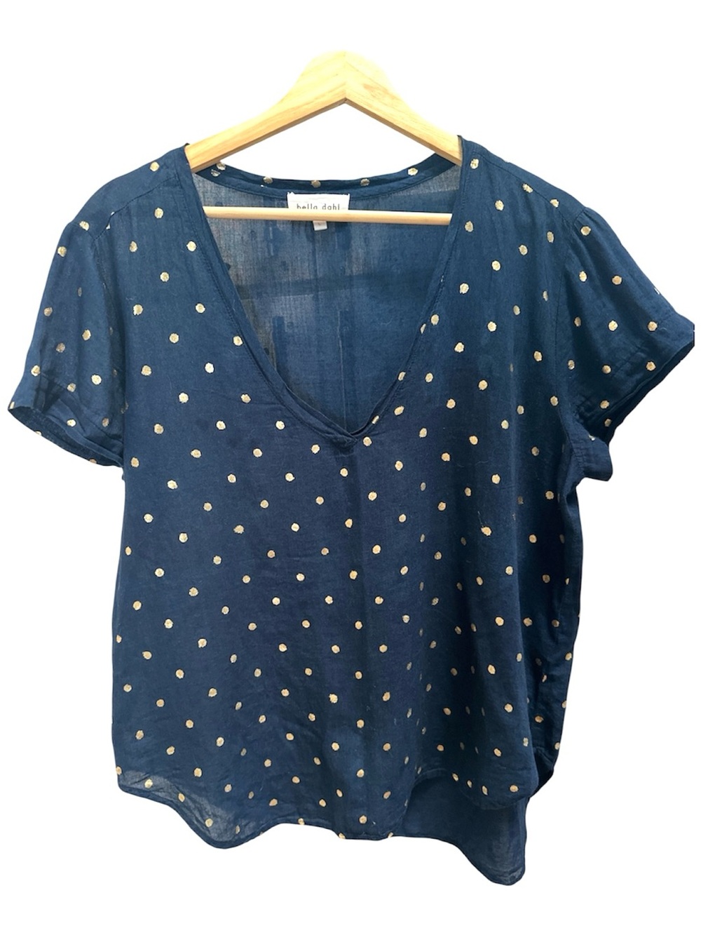 Bella Dahl 100% Cotton Navy Polka Dot V-Neck Blouse Large Nautical/beach